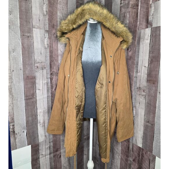 Design & Co Lane Bryant Brown Tan Coat Faux Fur Hood Women's Size 18 / 20 Gift - Picture 5 of 10